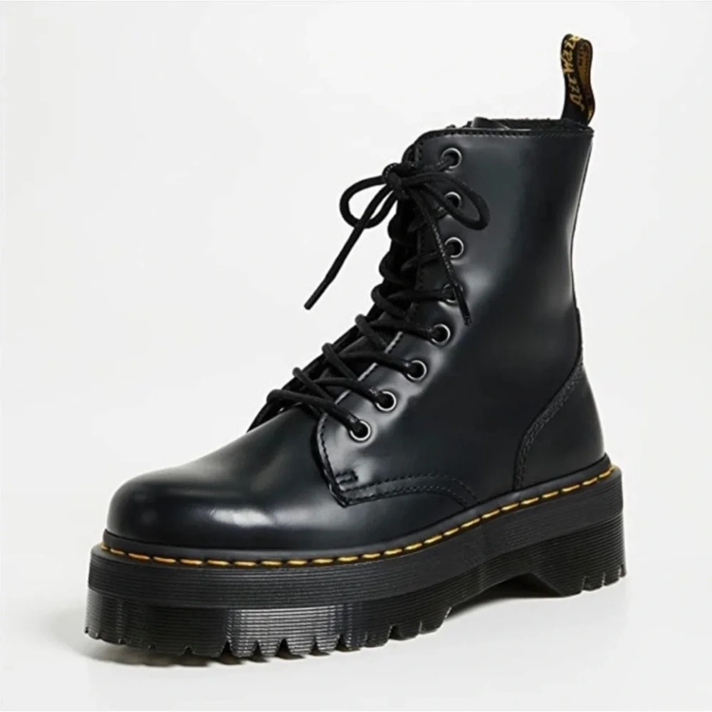 Dr. Martens Black Lace-Up Platform Boots with Yellow Stitching - Picture 2 of 5